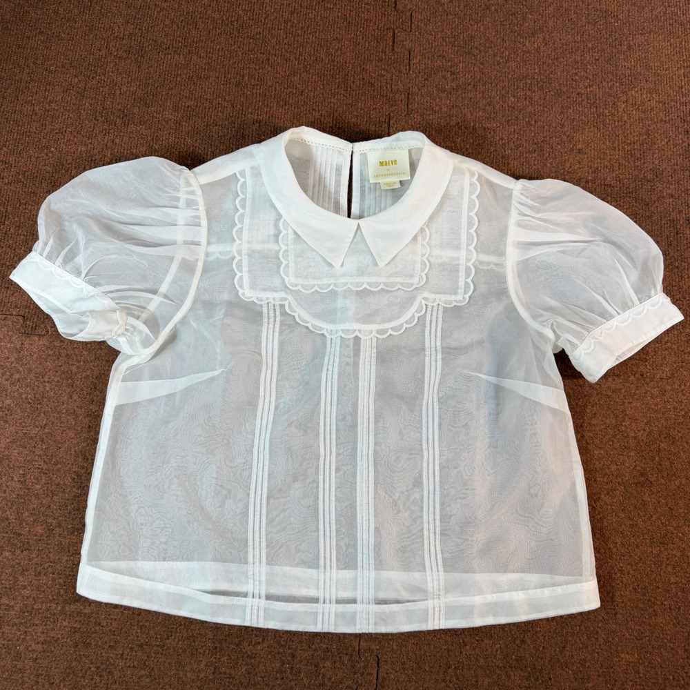 Maeve Anthropologie Womens Sheer Scallop Lace Pintuck Puff Sleeve Blouse White M